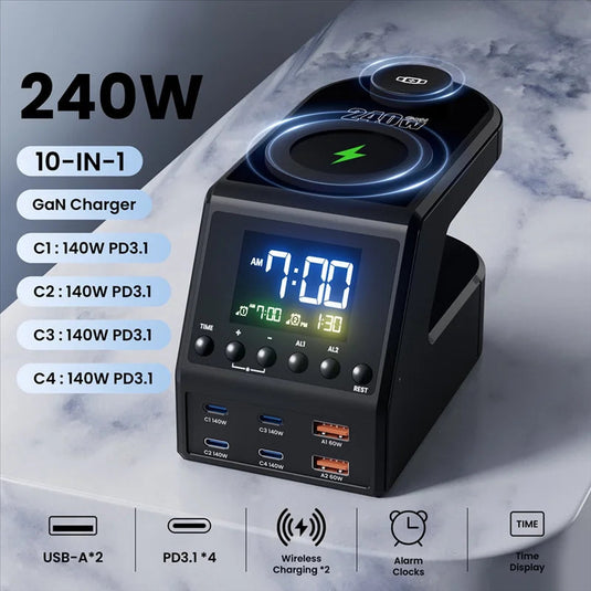 NEW 240W GaN Charger Station with Alarm Clock Time Display 140W PD3.1 USB TypeC Wireless Fast Charger for MacBook IPad