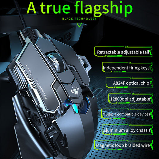 XXPLKPFA MK500 Wired Gaming Mouse, Gaming Mechanical for PC Desktop and Multi-Device, Hardware Macro Programming - 12800DPI - Adjustable Tail, Individual Fire Buttons, Optical Chip