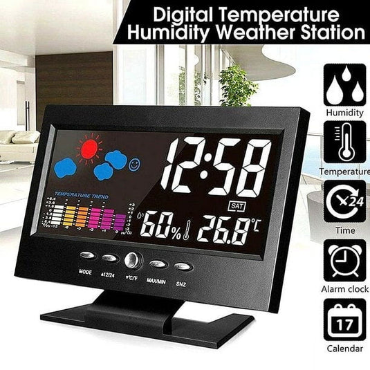12/24H Quartz LED Digital Multi-function Weather Clock Backlight Voice Control Calendar Temperature Forecast for Home Living