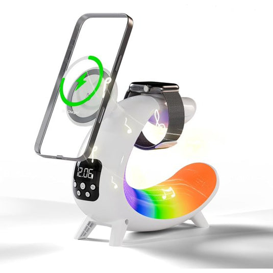 Wireles Charging Station,6 in 1 Wireless Portable Charger for iPhone 17 16 15 14 13 12, for AirPods,for iWatch Fast Charging Dock w/Alarm Clock,Night Light & Bluetooth Speaker
